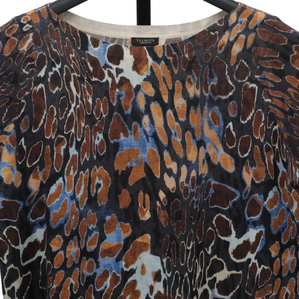 Talbots Woman Petites 1XP Merino Wool Sweater Animal Leopard Print Blue‎ Brown - Picture 3 of 9